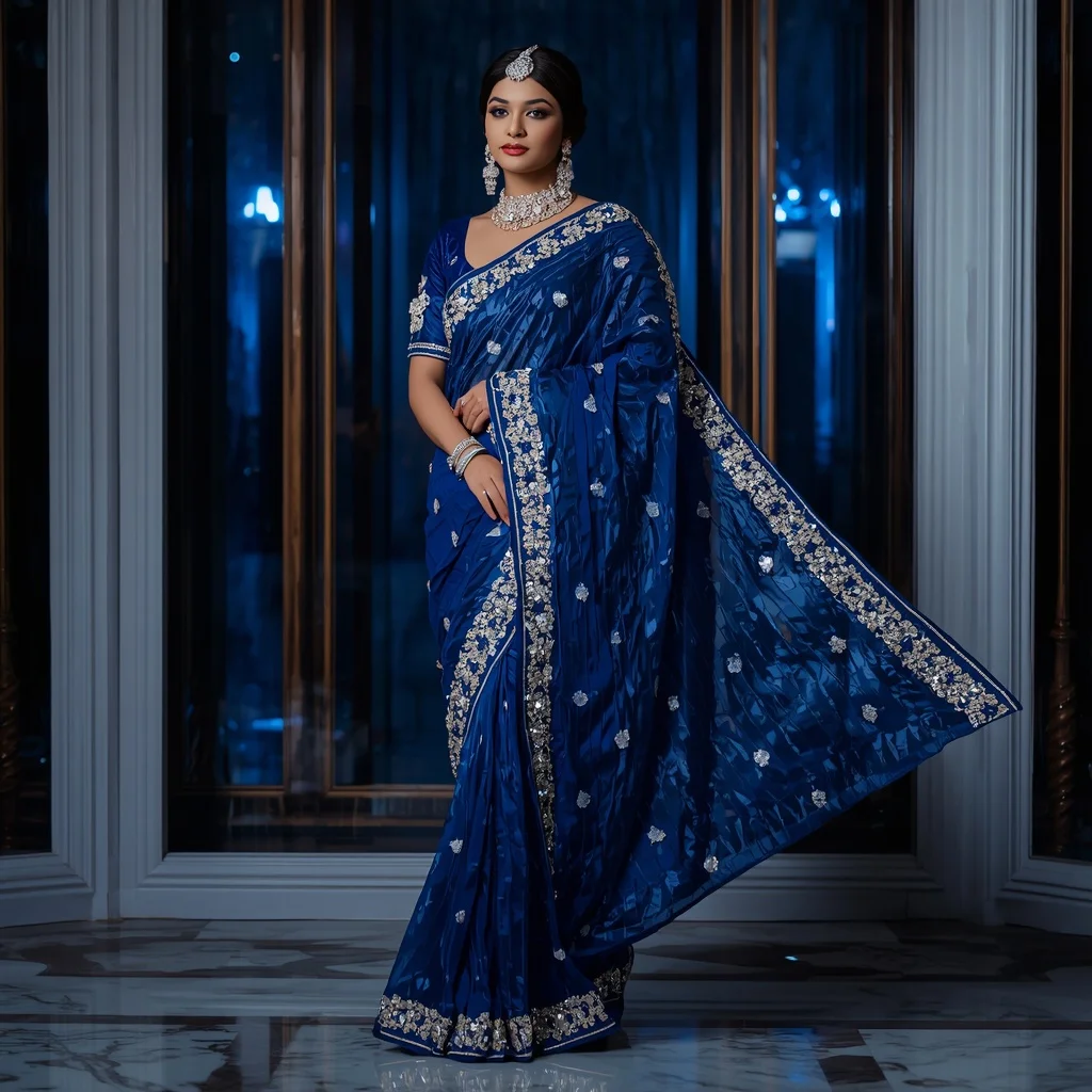 Premium Sapphire Crystal Saree with Royal Window Editorial Twist and Celestial Reflection Hall Background | Trending Ai Prompt