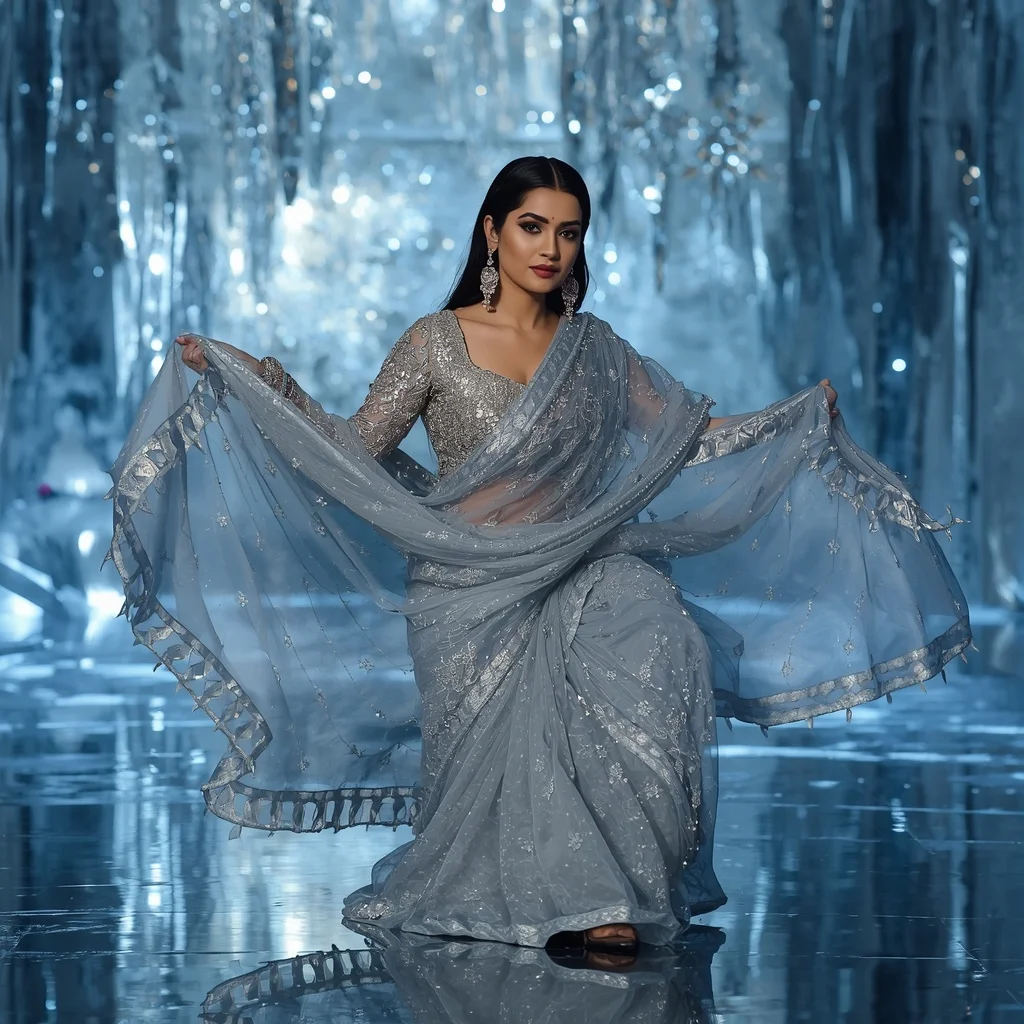 Premium Silver Snowfall Saree with Dramatic Floor Editorial Air Twist and Frozen Reflection Palace Background | Festive Prompt
