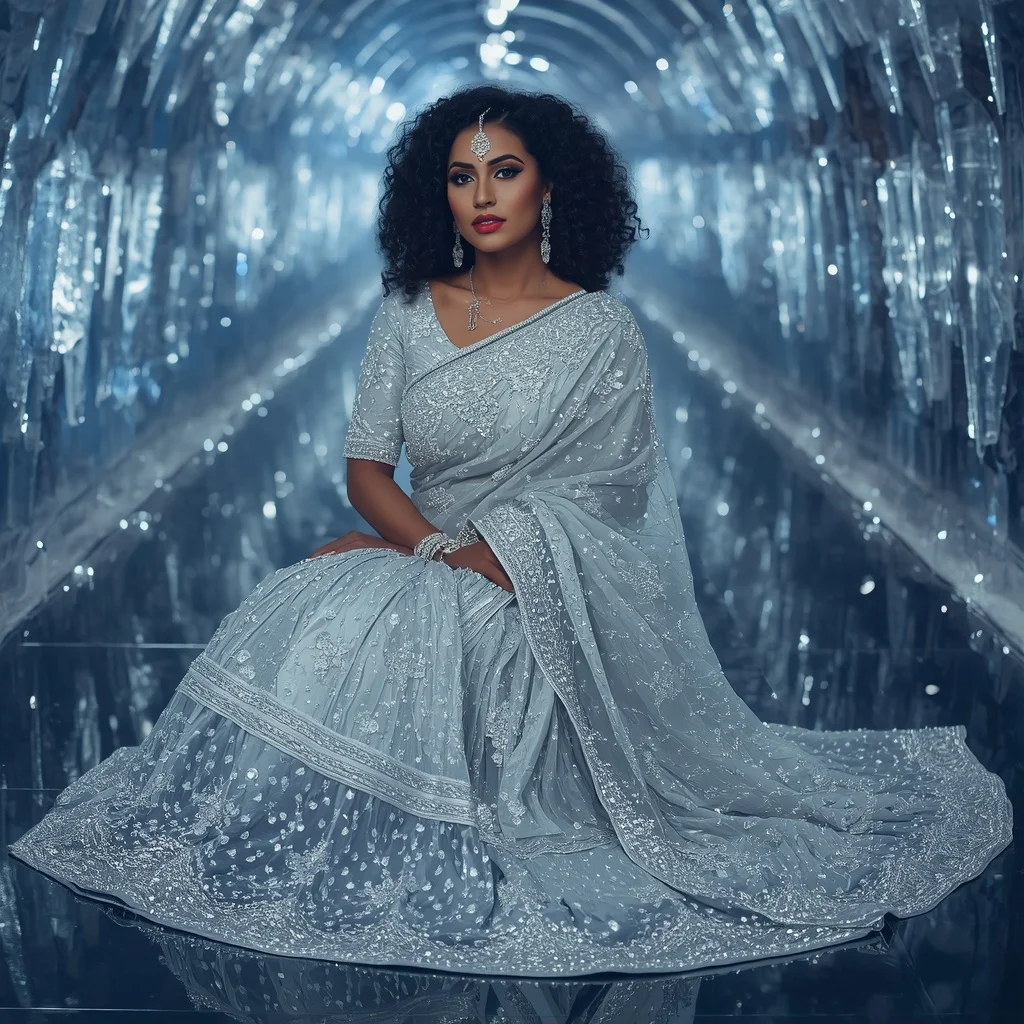 Premium Silver Snowfall Saree with Dramatic Floor Editorial Spiral Curl and Frozen Reflection Tunnel Background | Desi Girl Ai Prompt