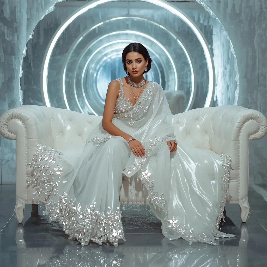 Premium White Halo Crystal Saree with Elegant Sofa Editorial Air Twist and Frozen Reflection Tunnel Background | Pre Wedding Ai Prompt