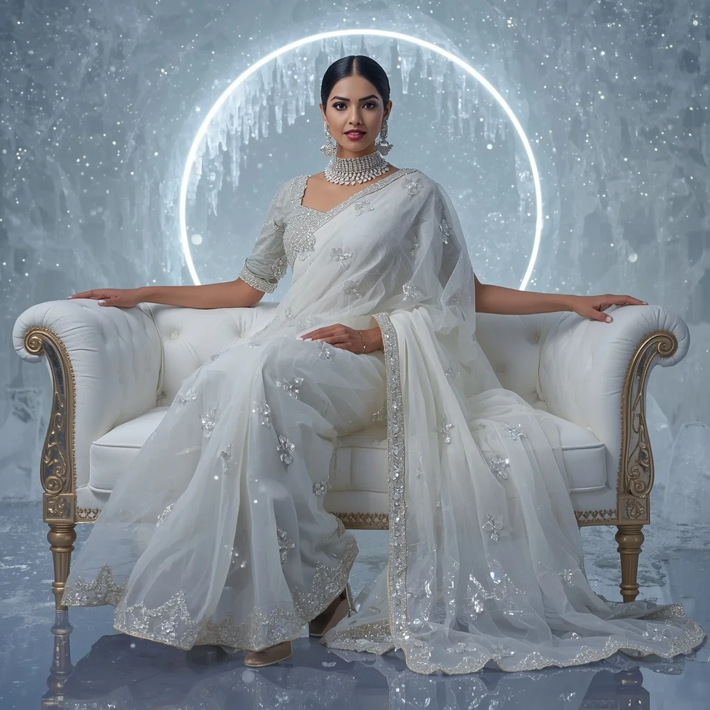 Premium White Halo Crystal Saree with Elegant Sofa Editorial Curl and Frozen Reflection Dome Background | Prompt Gemini