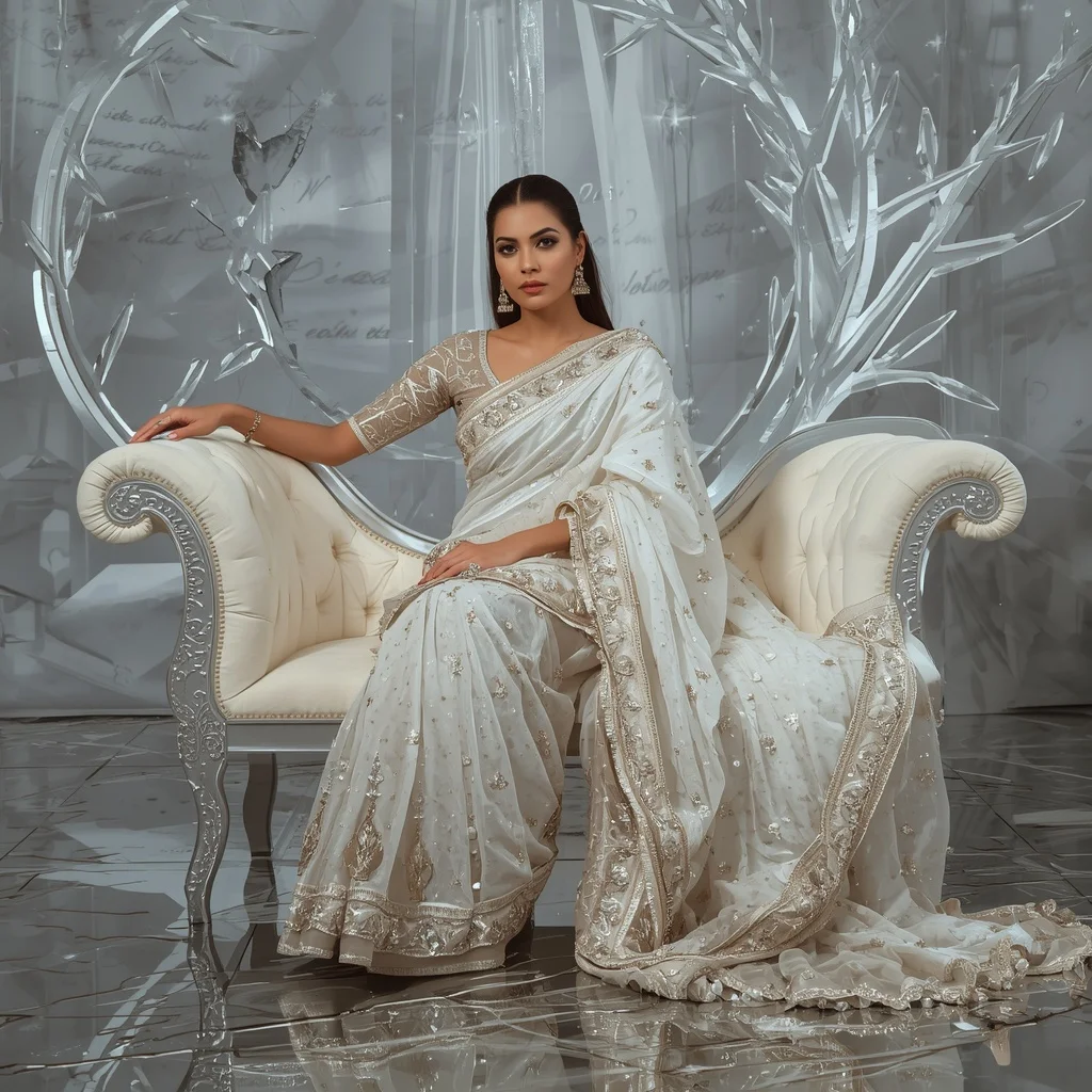 Premium White Halo Crystal Saree with Elegant Sofa Editorial Spiral and Frozen Reflection Palace Background | Trending Prompt Girls Traditional