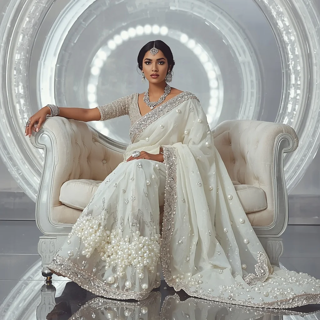 Premium White Halo Pearl Saree with Elegant Sofa Editorial Spiral and Frozen Reflection Ring Background | Prompt Ai