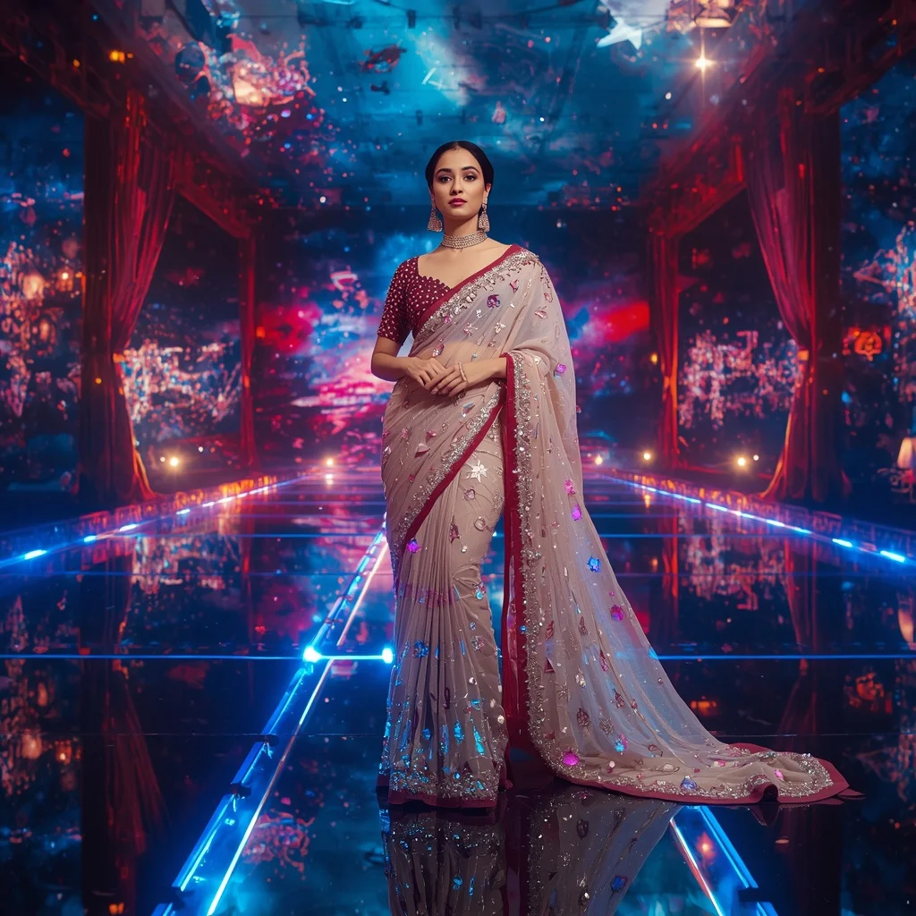 Prism Crystal Theater Saree with Floating Performance Galaxy | Attitude Girl Prompt