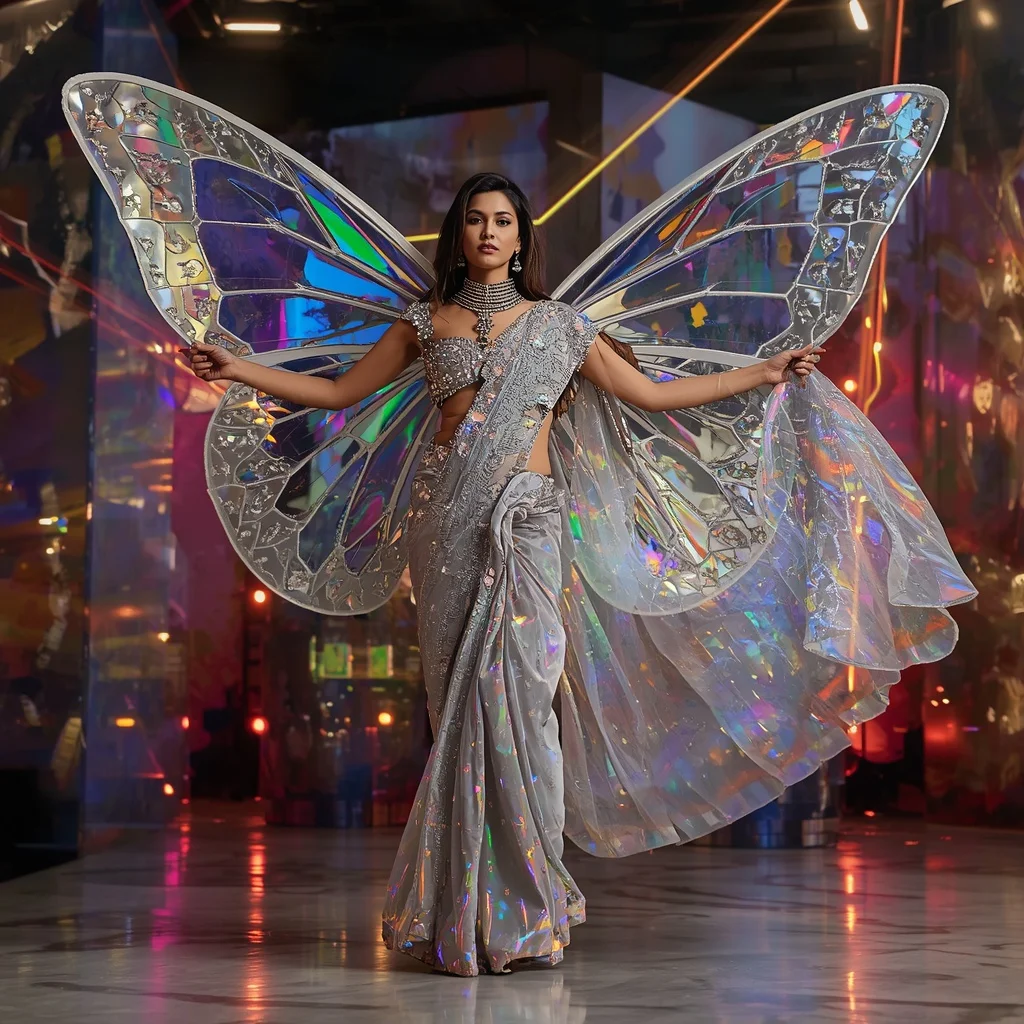 Prism Laser Mirror Butterfly Saree with Modern Art Installation Background | Prompt Image