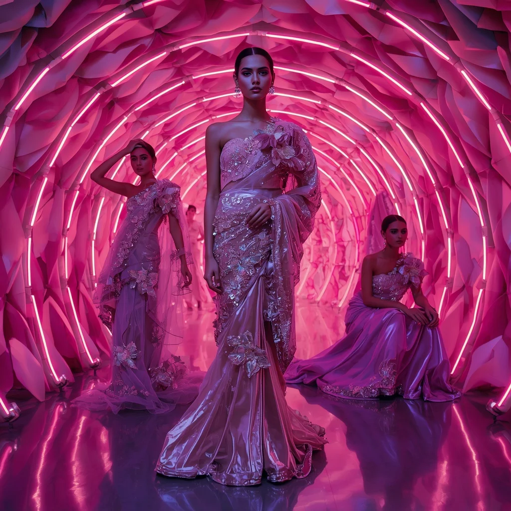 Prism Orchid Royale Saree with Curved Neon Petal Hall | Instagram Photography Ai Prompt