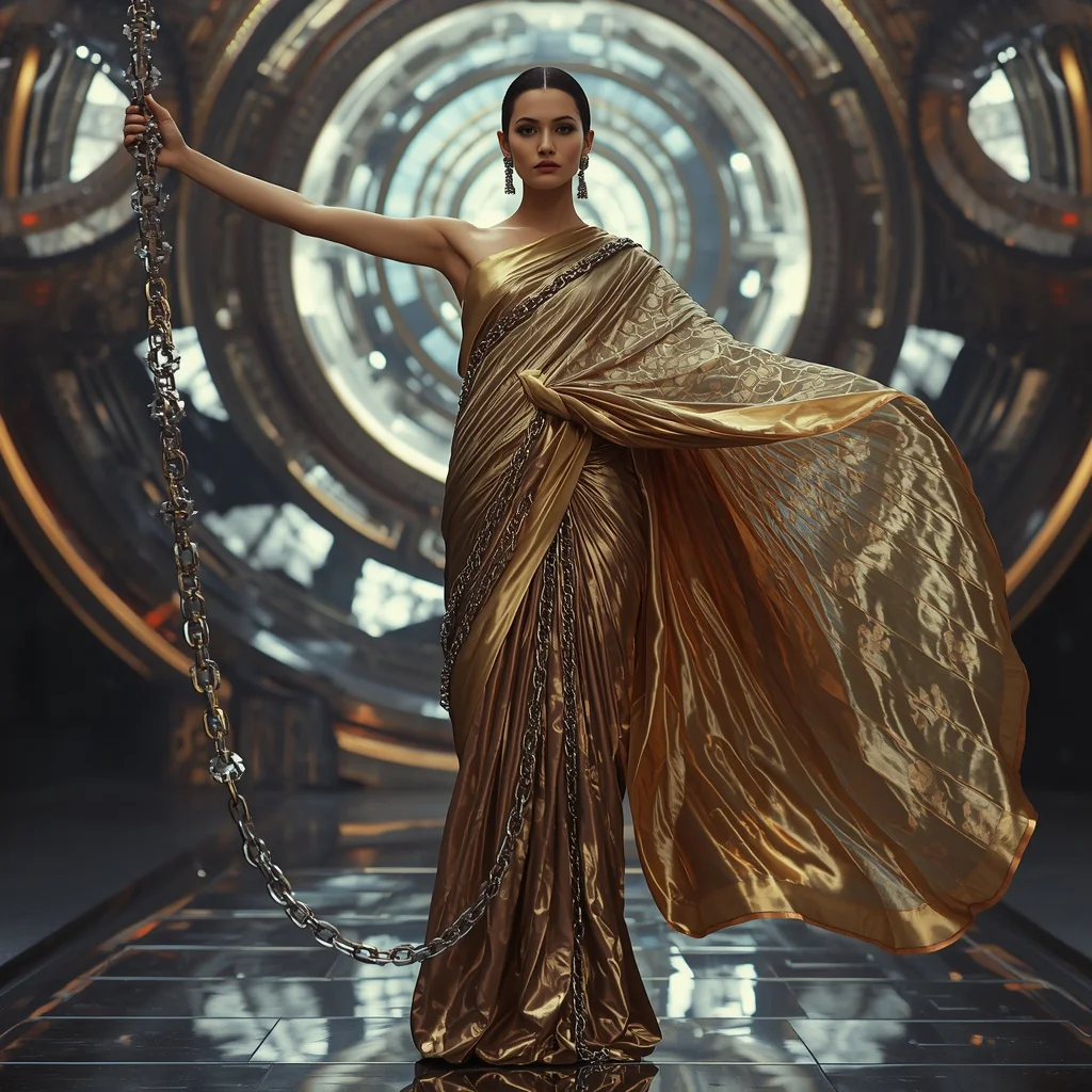 Quantum Chain Silk Alloy Saree with Orbital Machine Cathedral | Selfie Prompt