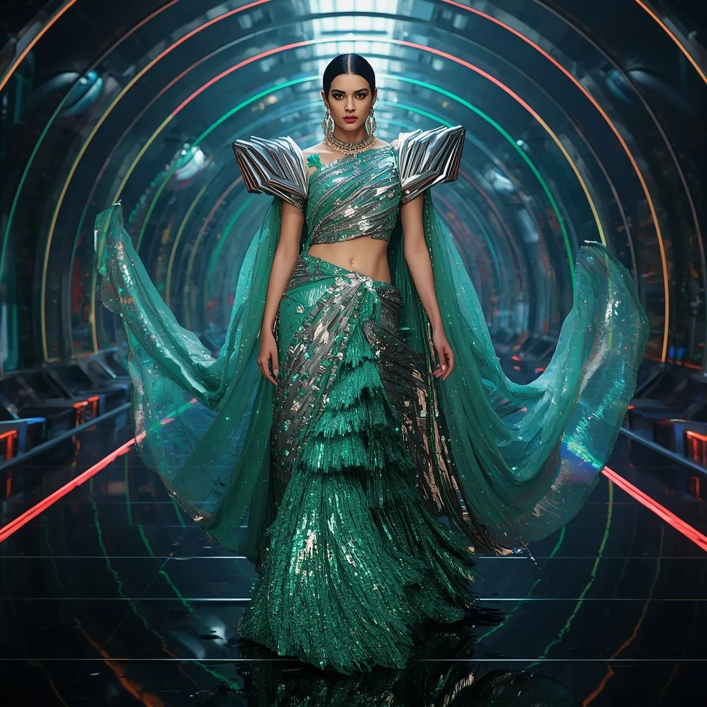 Quantum Crystal Empress Saree with Floating Laser Cathedral | Beautiful Girl Prompt Generator