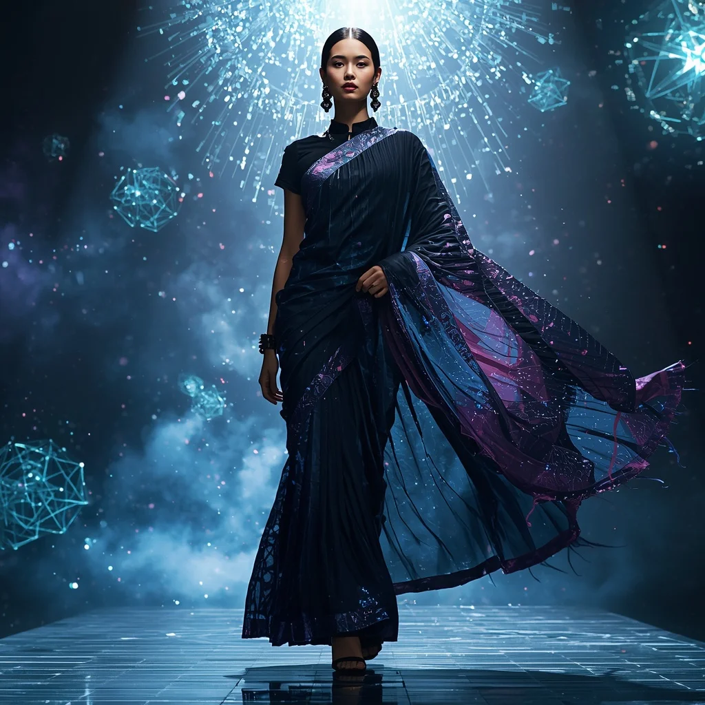 Quantum Crystal Fabric Saree with Floating Data Void Dome | Prompt Seen Girl Photo Editing
