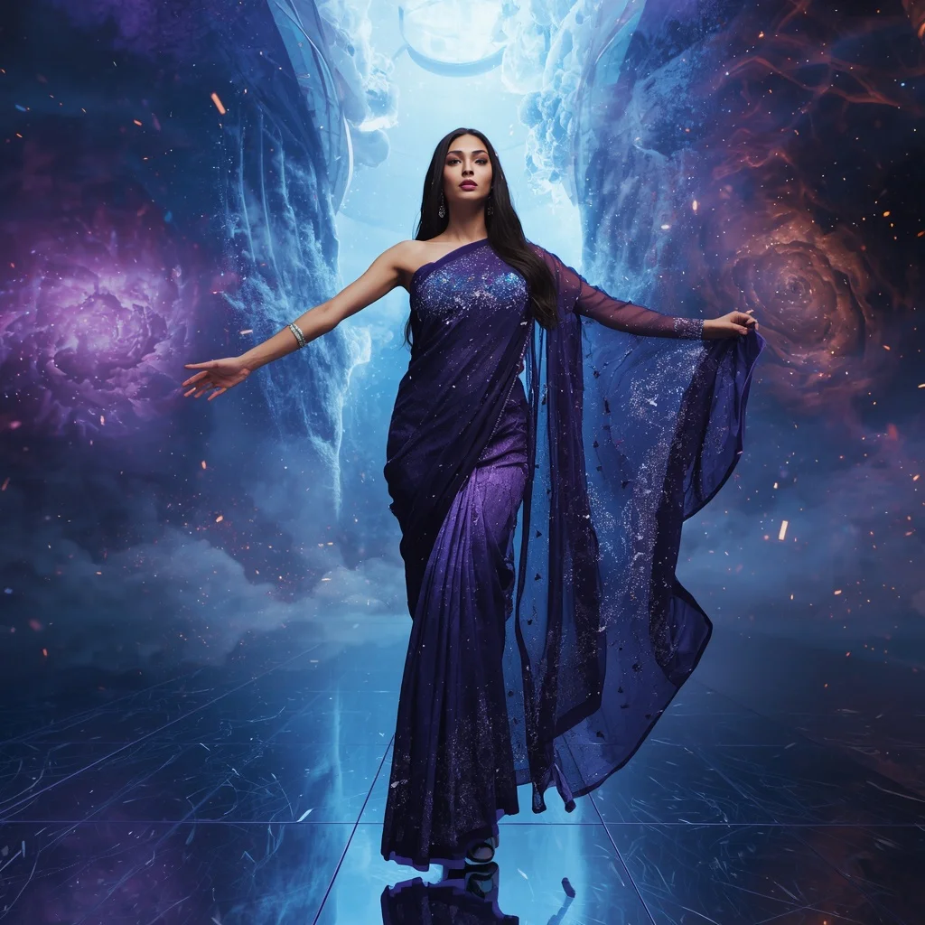 Quantum Dust Nebula Saree with Floating Particle Void Chamber | Gemini Ai Prompt For Girl