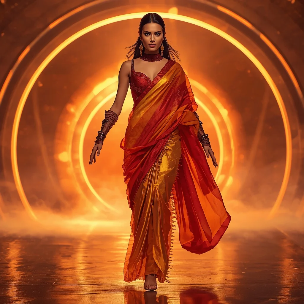 Quantum Ember Silk Saree with Solar Rift Horizon Chamber | Prompt Generator
