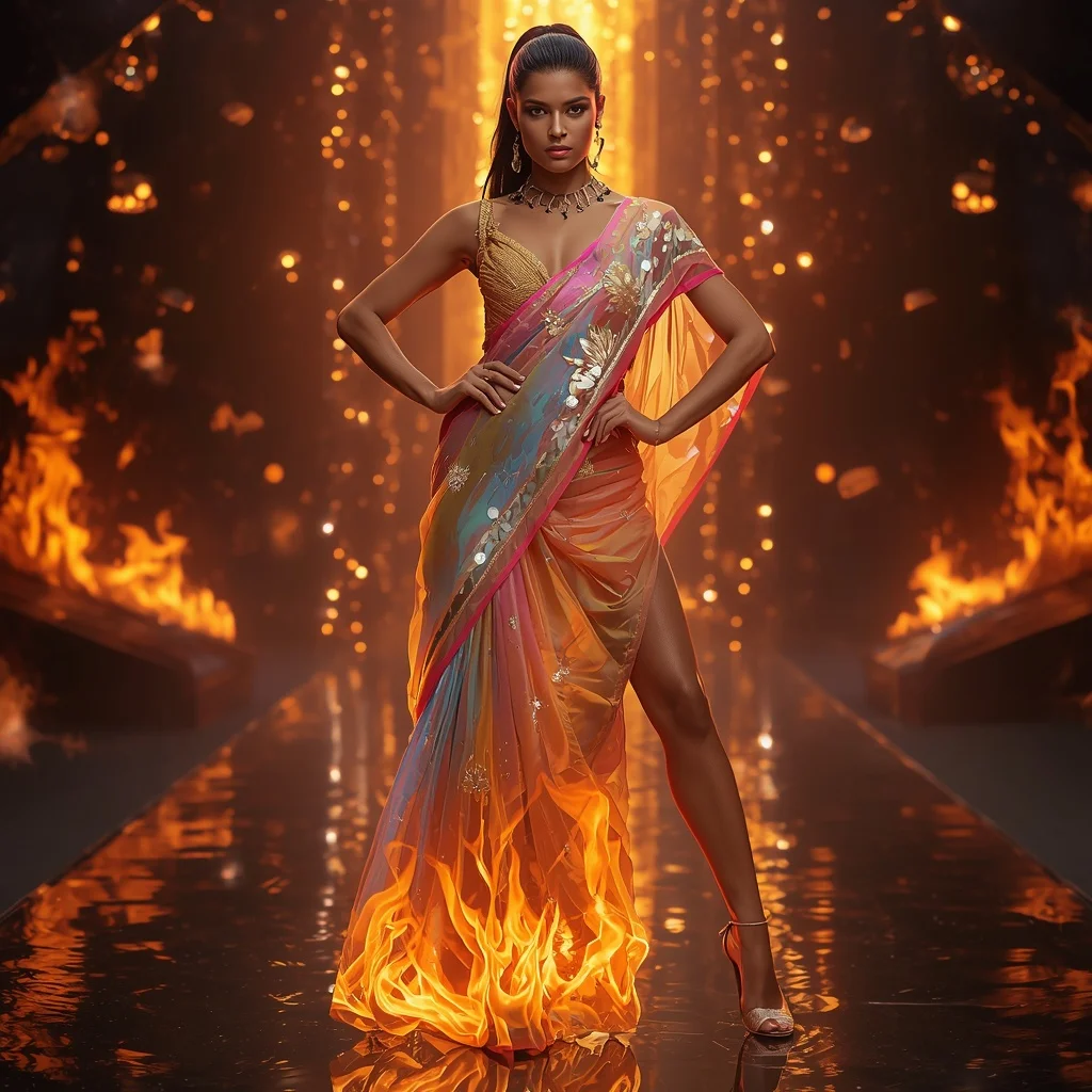 Quantum Flame Saree with Controlled Energy Fire Fabric | Travel Ai Prompt
