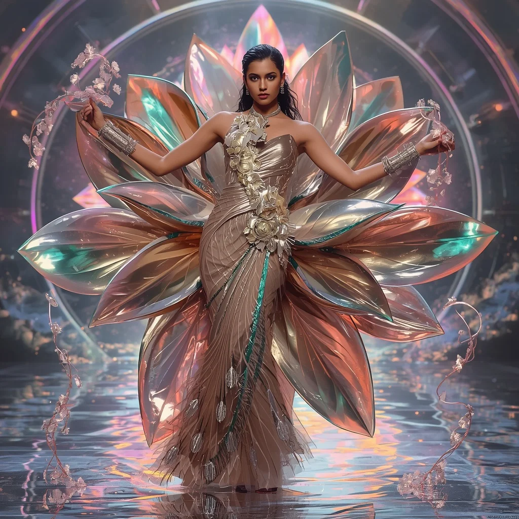 Quantum Lotus Alloy Saree with Reactive Bloom Core Field | Gemini Ai Photo Prompt