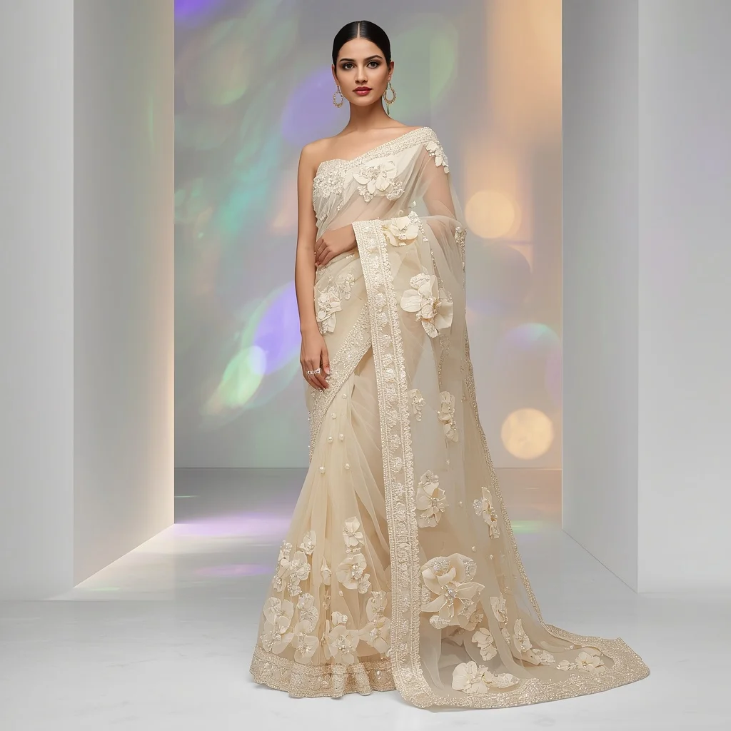 Radiant Pearl-Encrusted Organza Saree with Dramatic Halo Pallu | Prompt Seen Girl