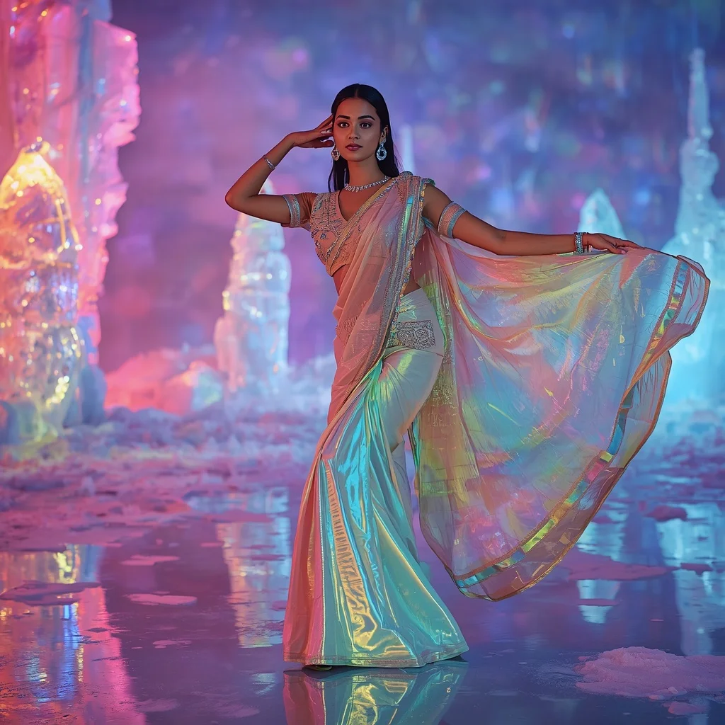 Rainbow Ice Aurora Saree – Heavy Festival Saree with Dance Pose and Frozen Aurora Reflection Palace Background | Prompt Engineering