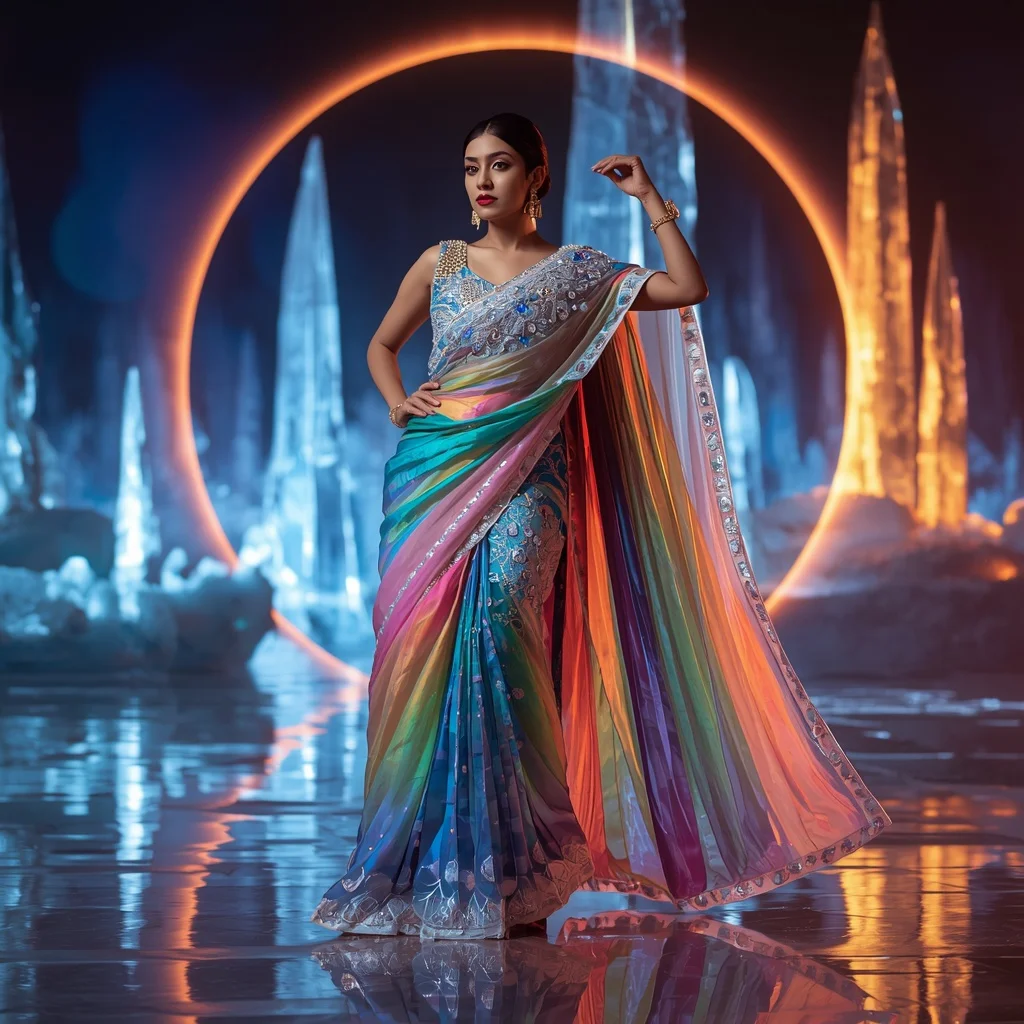 Rainbow Ice Eclipse Saree – Heavy Festival Saree with Dance Pose and Frozen Eclipse Reflection Palace Background | Prompt Seen Horror Girl