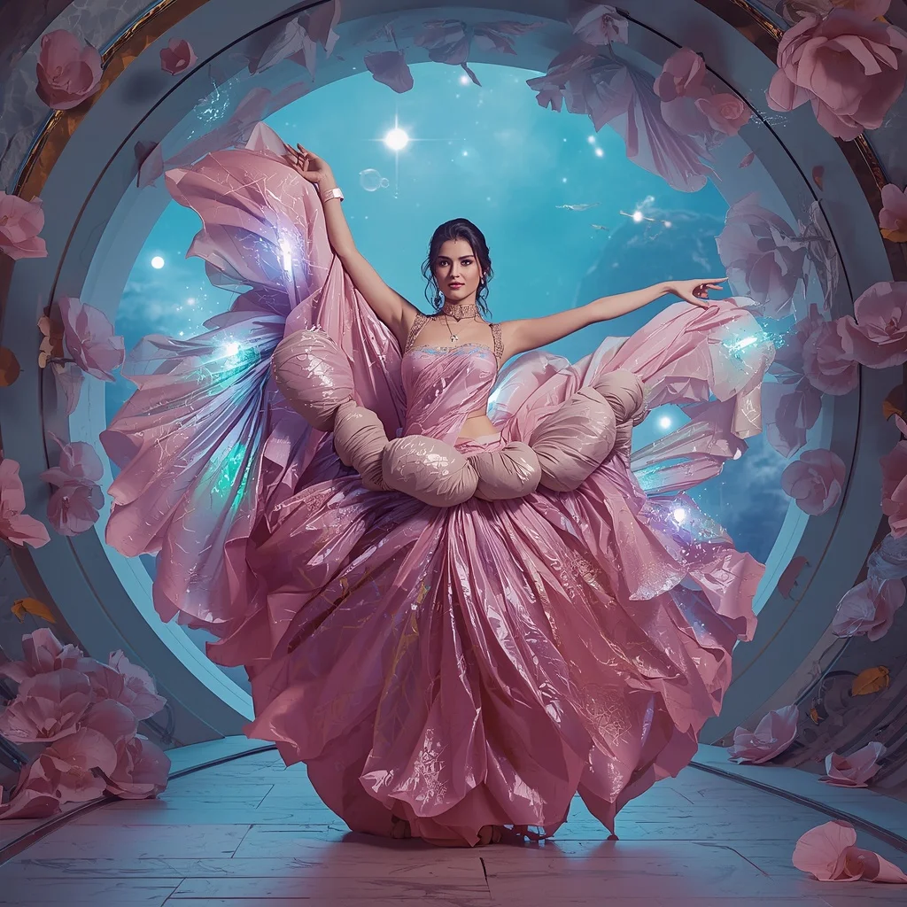 Reality Silk Bloom Saree with Dimensional Flower Portal | Leonardo Ai Image Prompt