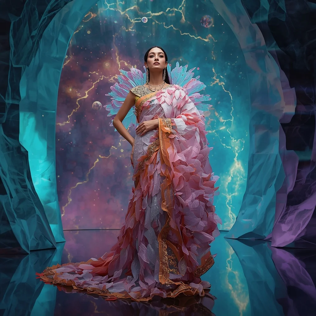 Reality Silk Fragment Bloom Saree with Dimensional Portal Universe | Gemini Prompt