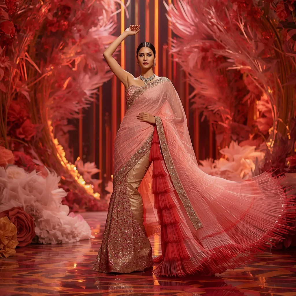 Rose Aurora Phoenix Saree with Luxe Fire Bloom Hall | Cyberpunk Girl Ai Prompt