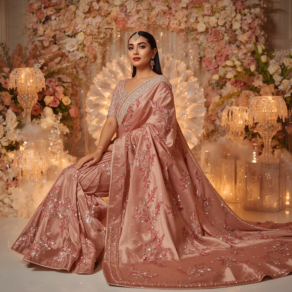 Rose Crystal Aurora Bloom Eclipse Saree – Glam Couture Saree with Sitting Royal Pose and Bloom Eclipse Ballroom Background | Prompt Ai