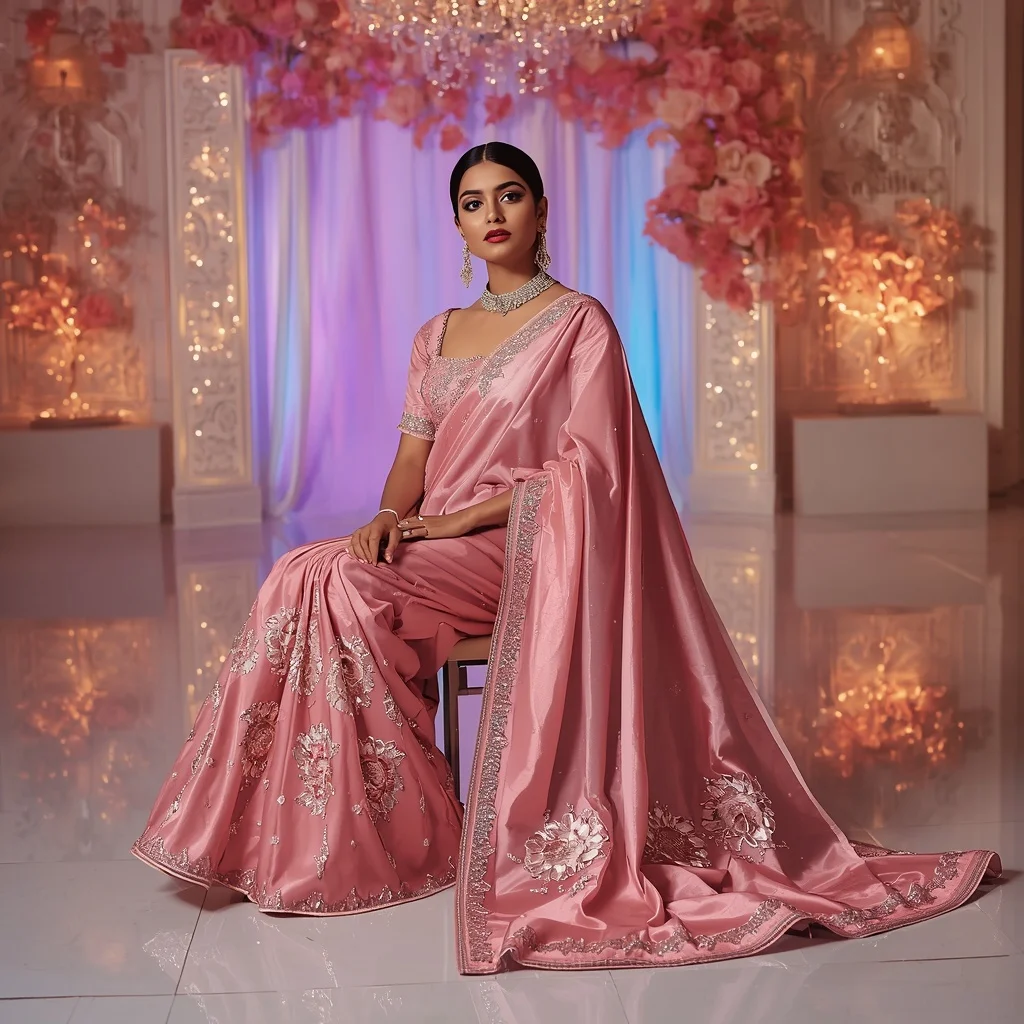 Rose Crystal Bloom Aurora Luxe Saree – Glam Couture Saree with Sitting Royal Pose and Bloom Aurora Ballroom Background | Attitude Girl Prompt