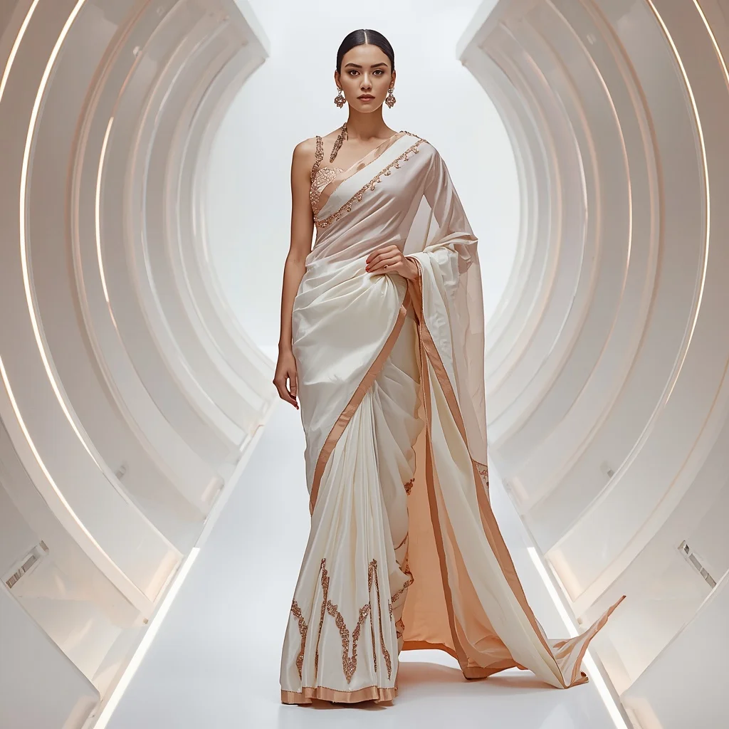 Rose Gold Crystal and White Geometric Saree in Light Pod | New Instagram Trend Prompt For Girl And Boy Copy And Paste