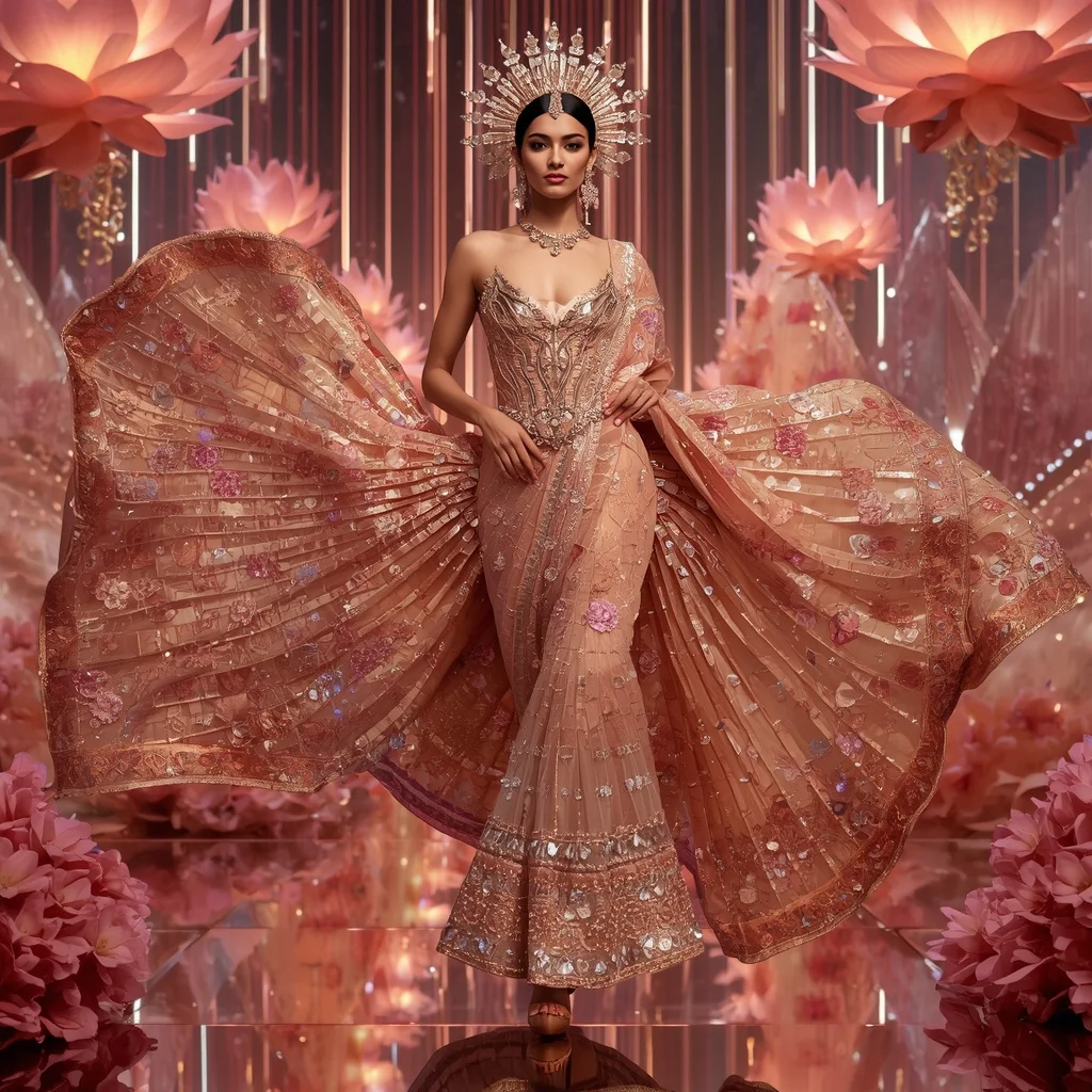 Rose Gold Crystal Lotus Saree with Floating Blossom Palaces and Aurora Garden Empire | Viral Instagram Ai Prompt