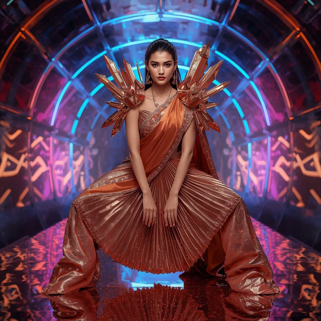 Rose Gold Inferno Saree with Quantum Neon Dome | Traditional Saree Prompt Pdf