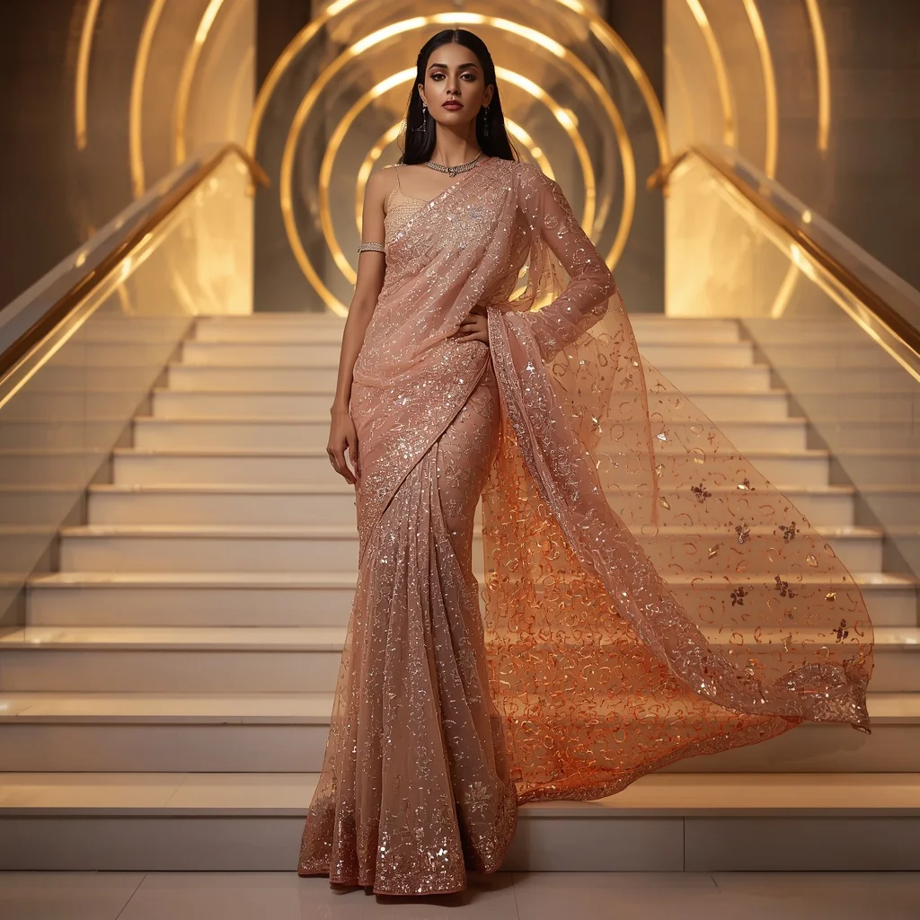 Rose Gold Infinity Quantum Flux Saree – Glamorous Couture Saree with Stair Flow Pose and Quantum Flux Hall Background | Prompt Gemini Ai