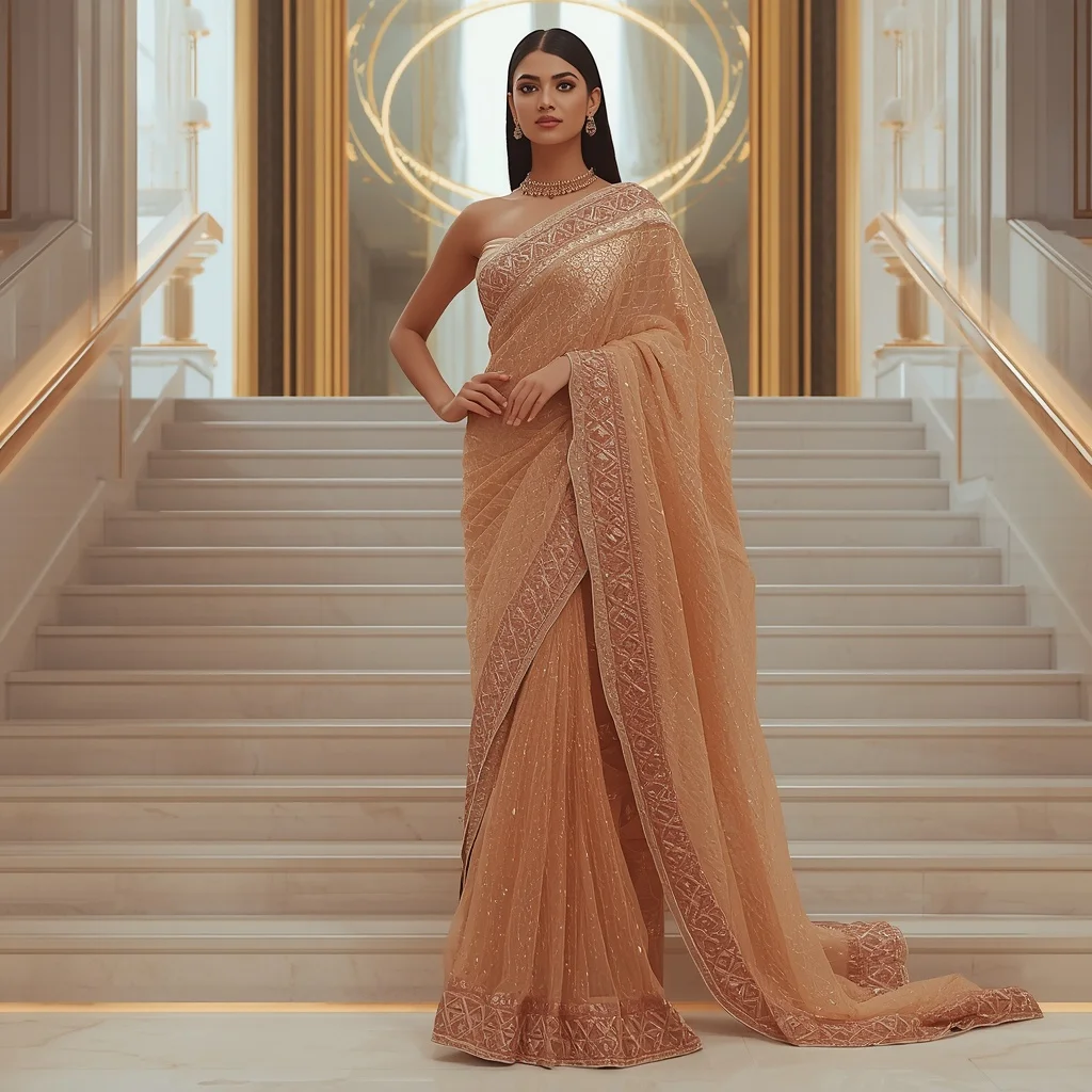 Rose Gold Infinity Quantum Surge Saree – Glamorous Couture Saree with Stair Flow Pose and Quantum Surge Hall Background | New Instagram Trend Prompt For Girl