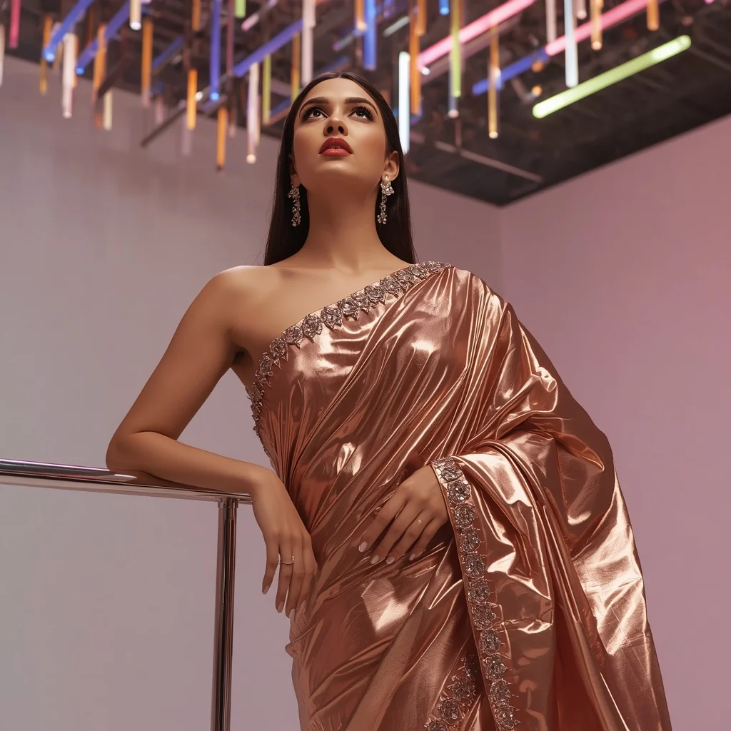 Rose Gold Metallic Foil Saree with Structural Avant-Garde Pleats | Gemini Ai Prompt