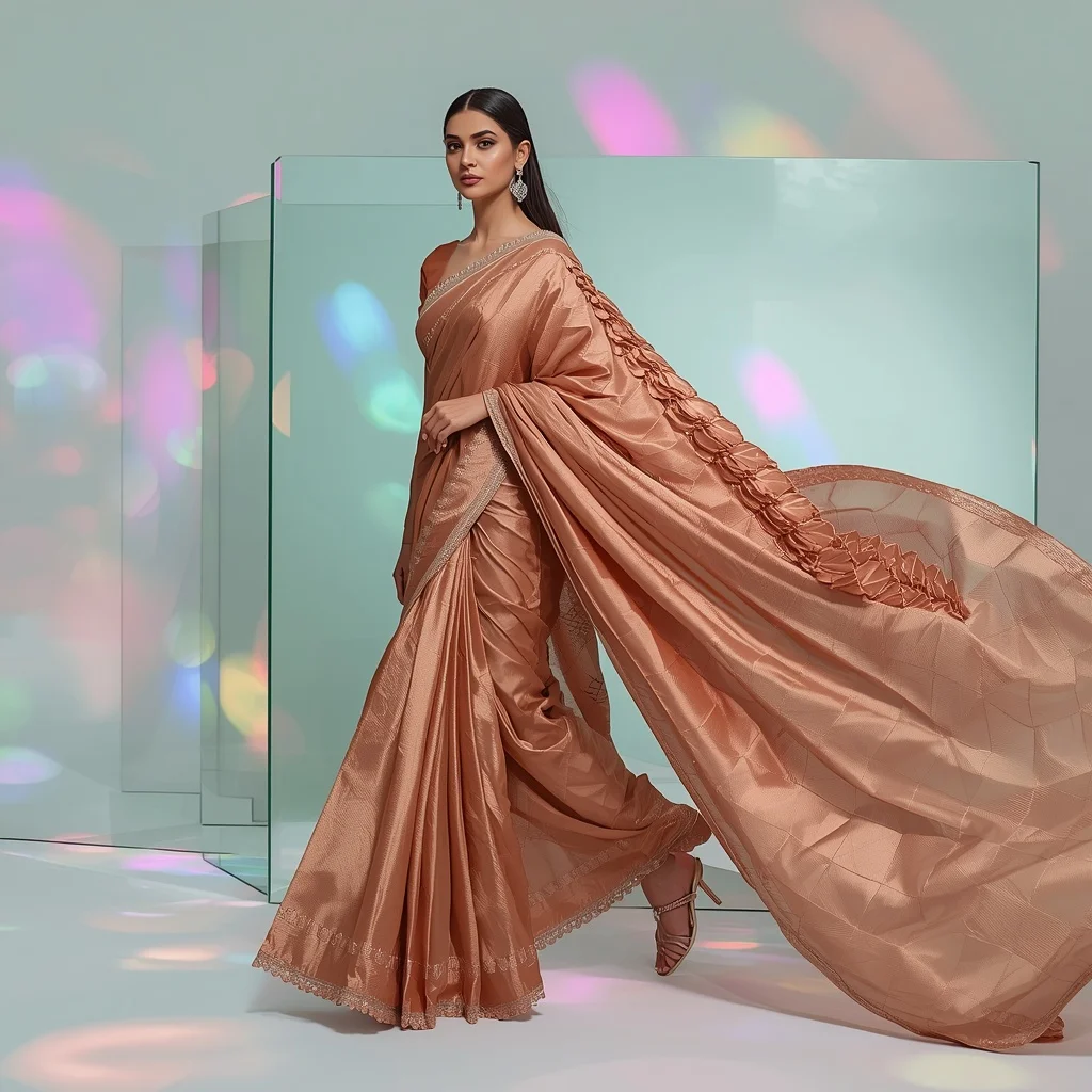 Rose Gold Metallic Tissue Saree with Sculpted Geometric Pallu | Prompt Trending Girl 2026