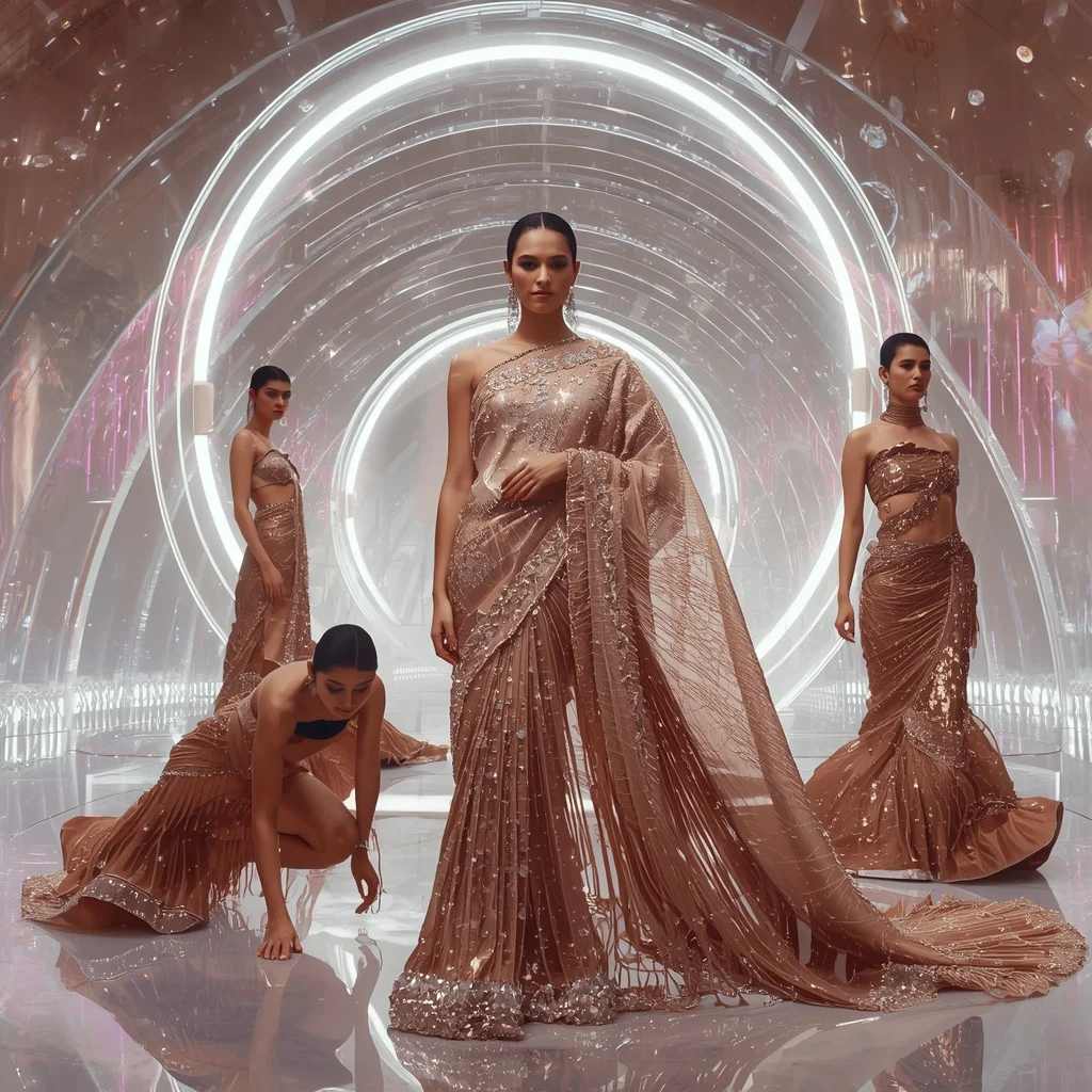 Rose Gold Mirage Saree with Floating Electric Crystal Orbit Gates | Chatgpt Prompt