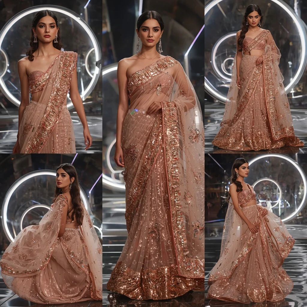 Rose Gold Mirage Saree with Floating Electric Orbit Sanctuaries | Easy Ai Prompt