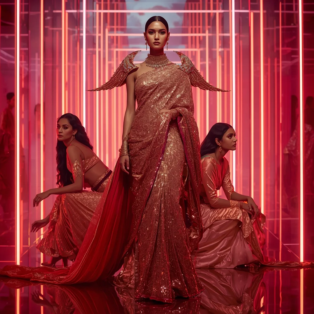 Rose Gold Phoenix Symphony Saree with Infinite Prism Corridors | Ai Gemini Photo Prompt