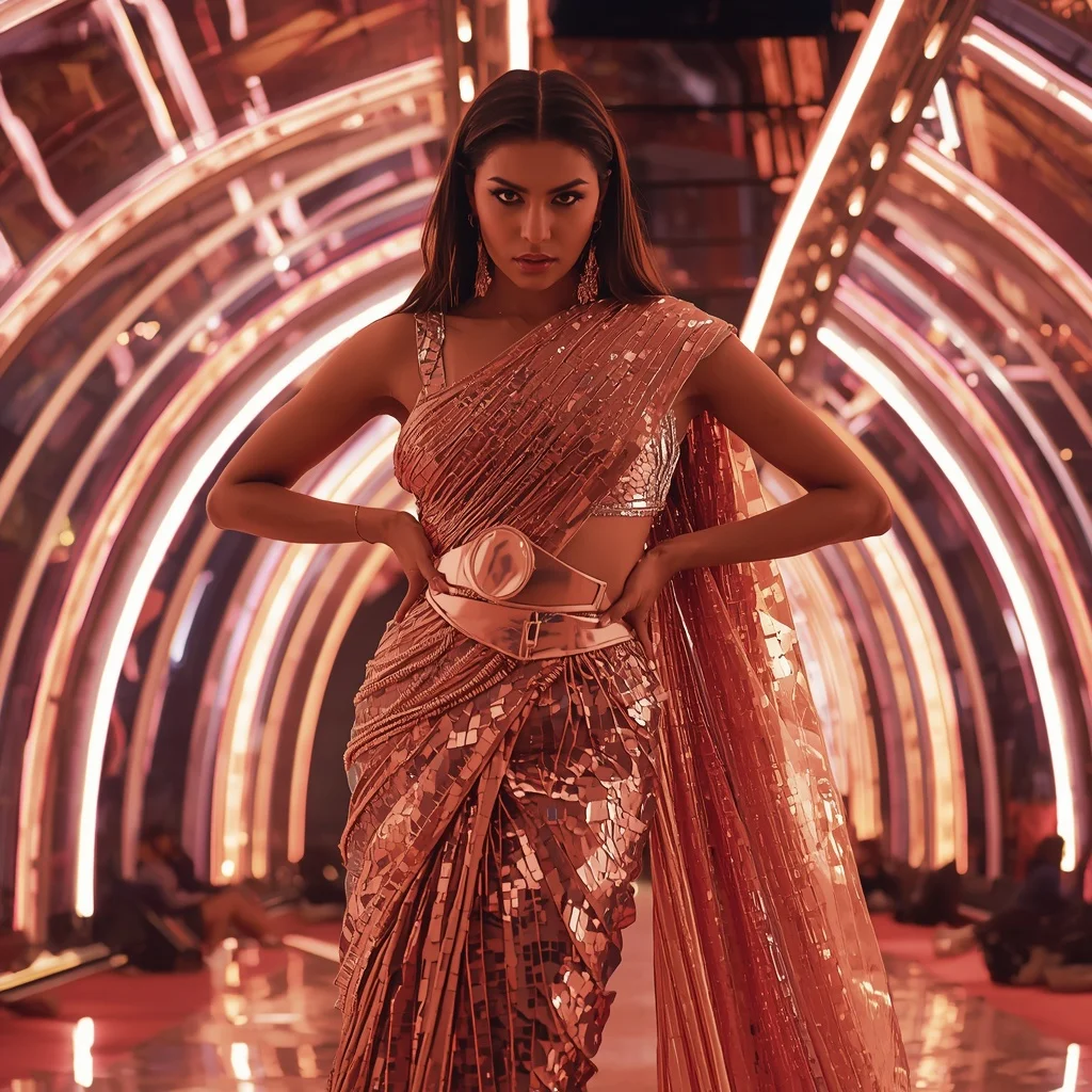Rose Gold Shimmer and Shattered Mirror Saree in Neon Dome | Attitude Ai Prompt