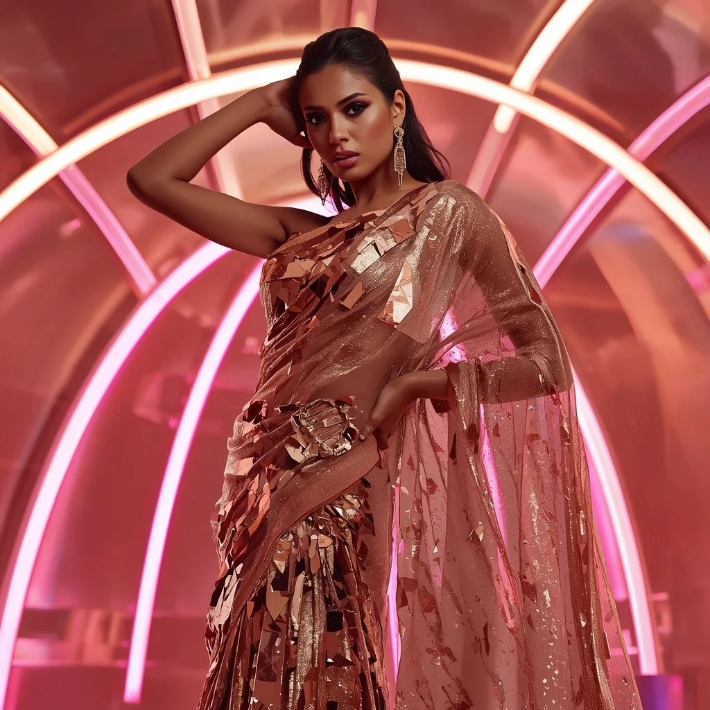 Rose Gold Shimmer and Shattered Mirror Saree with Neon Dome | Trending Prompt Girls ChatGPT