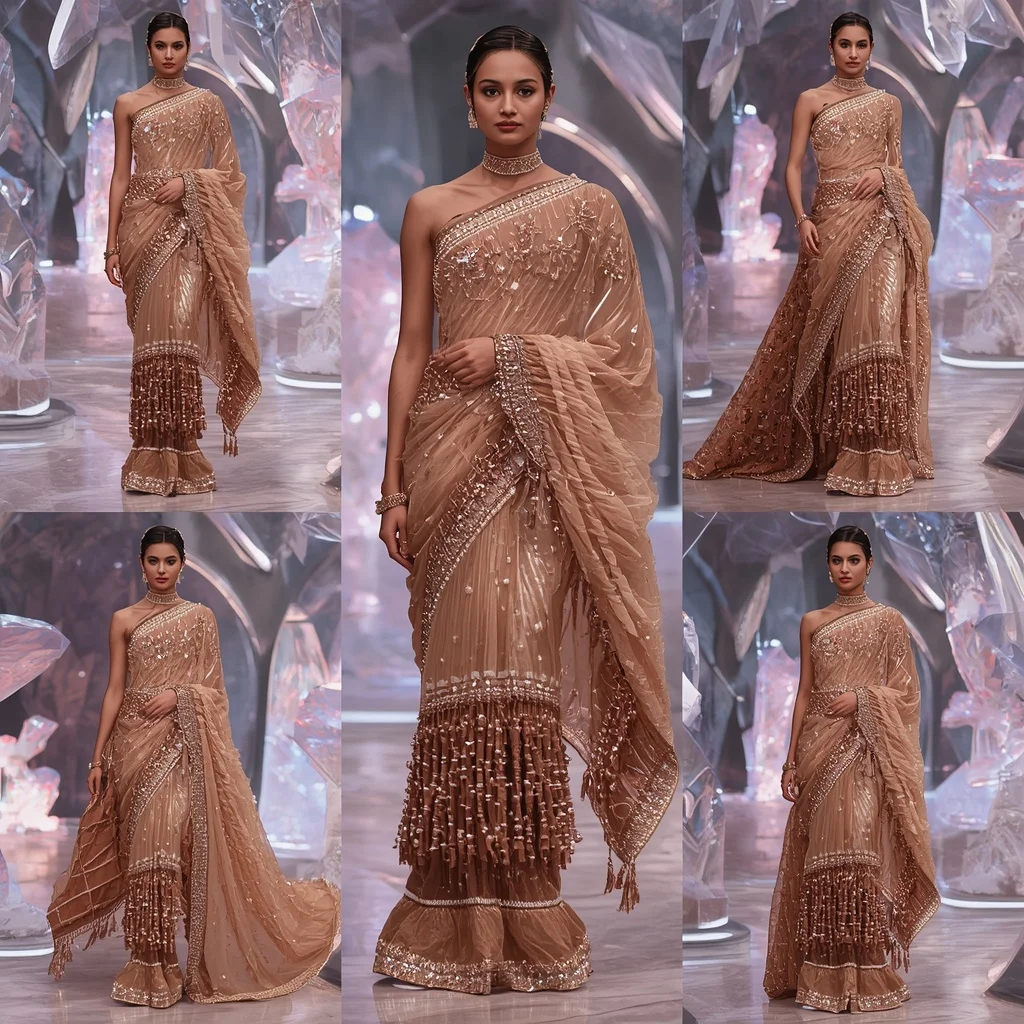 Rose Gold Thunder Saree with Floating Electric Crystal Sanctuaries | Gemini AI Photo Prompt Copy Paste Trending Girl 2026
