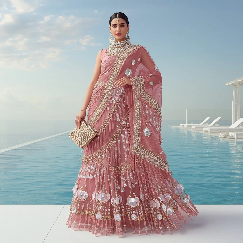 Rose Pink Heavy Diamond Couture Saree Trend | Gemini Photo Editing Prompt
