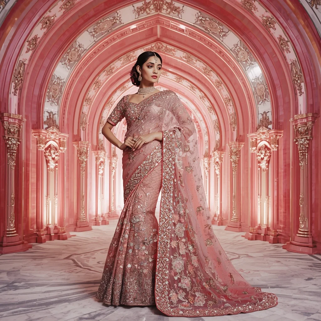 Rose Quartz Noor Dynasty Saree with Prism Velvet Royal Cathedral | Chatgpt Photo Editing Styles For Girl