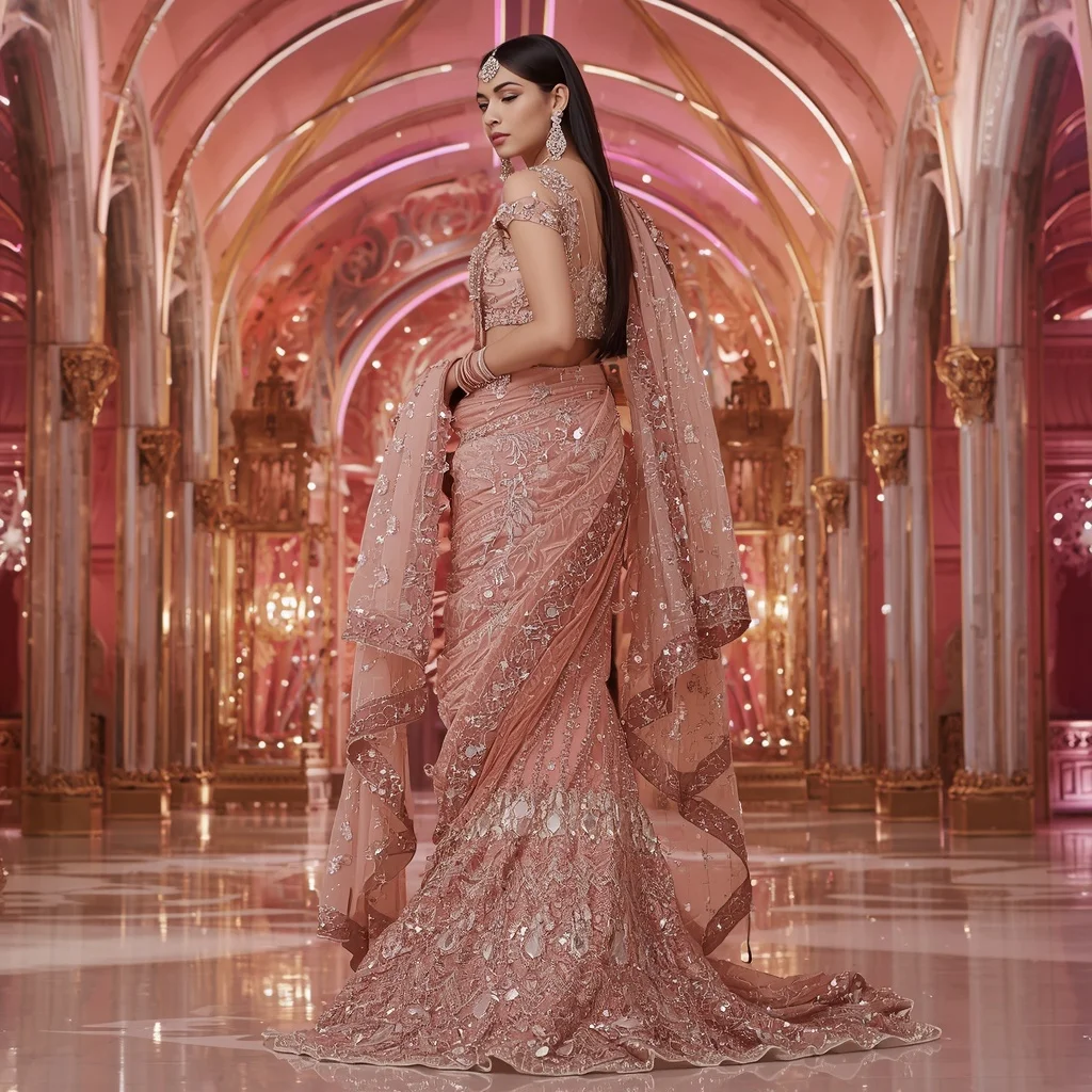 Rose Quartz Royal Noor Saree with Prism Velvet Dynasty Cathedral | Sora Ai Prompt