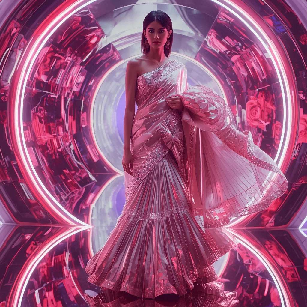 Rose Titanium Prism Saree with Floating Reflection Orbit Infinity Chambers | Instagram Profile Pic Ai Prompt
