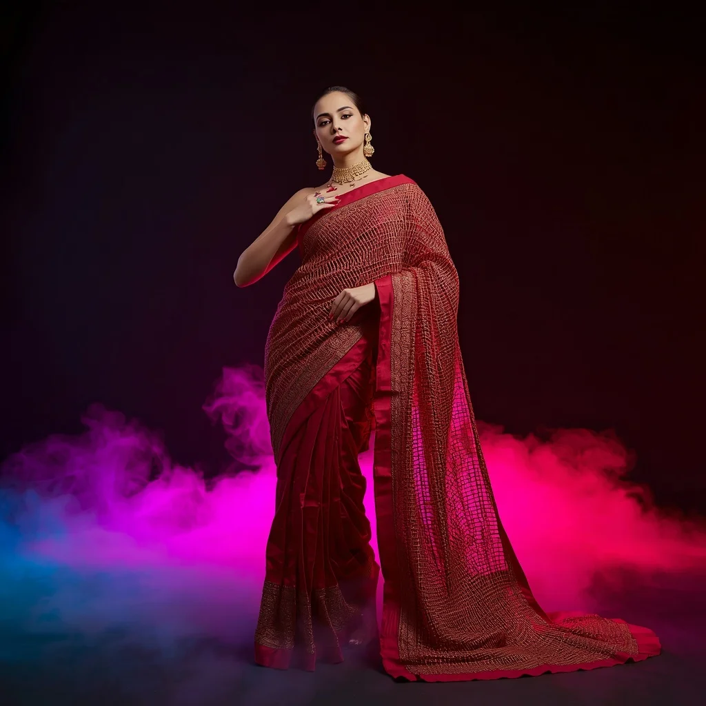 Royal 3D Golden Mesh and Molten Ruby Saree Styling | Prompt For Gemini Saree