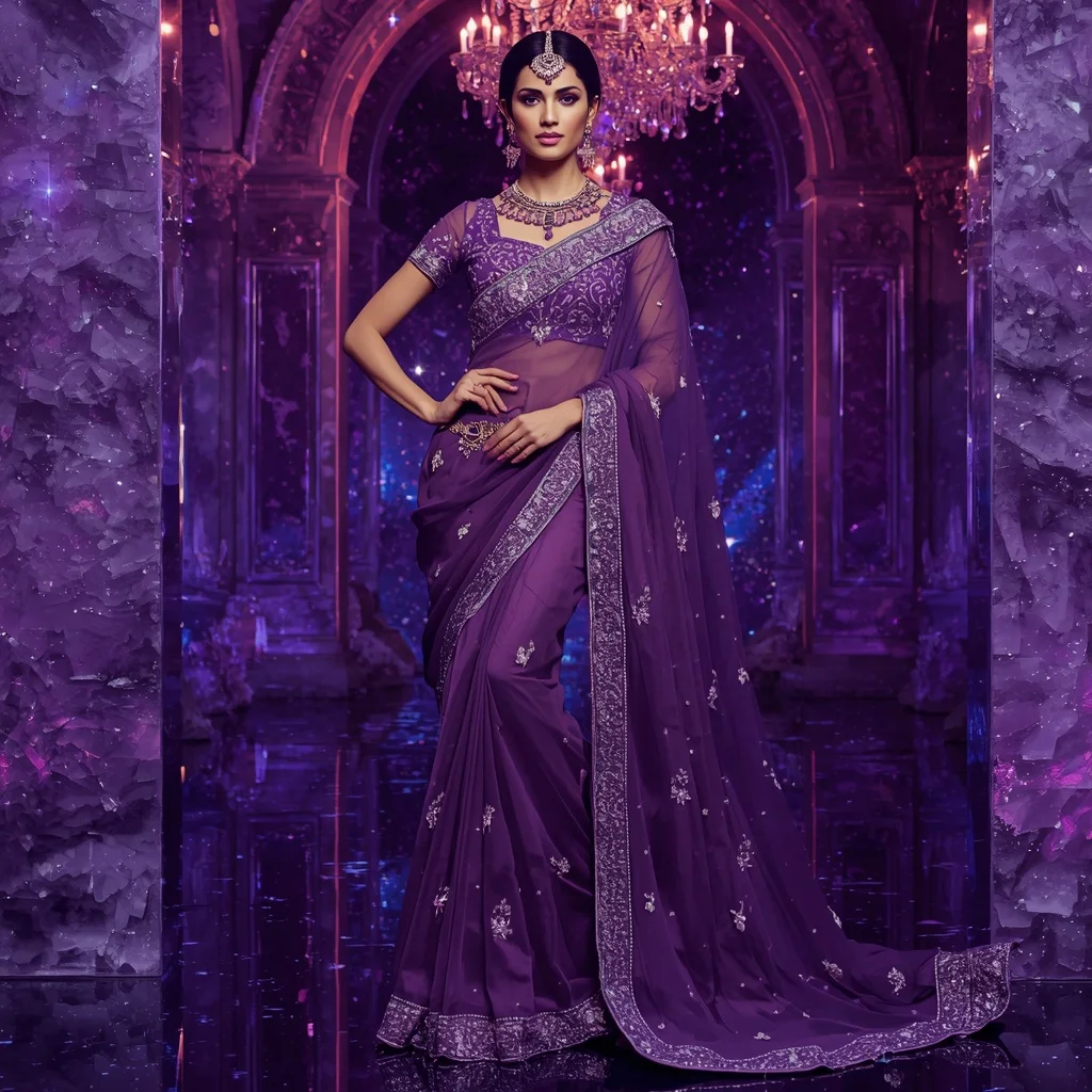 Royal Amethyst Galaxy Maharani Saree Couture with Violet Crystal Universe Palace Background | Best Ai Prompt 2026