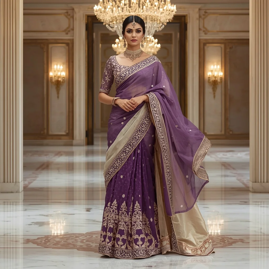 Royal Amethyst Queen Saree with Grand Crystal Ballroom | Style Ai Prompt