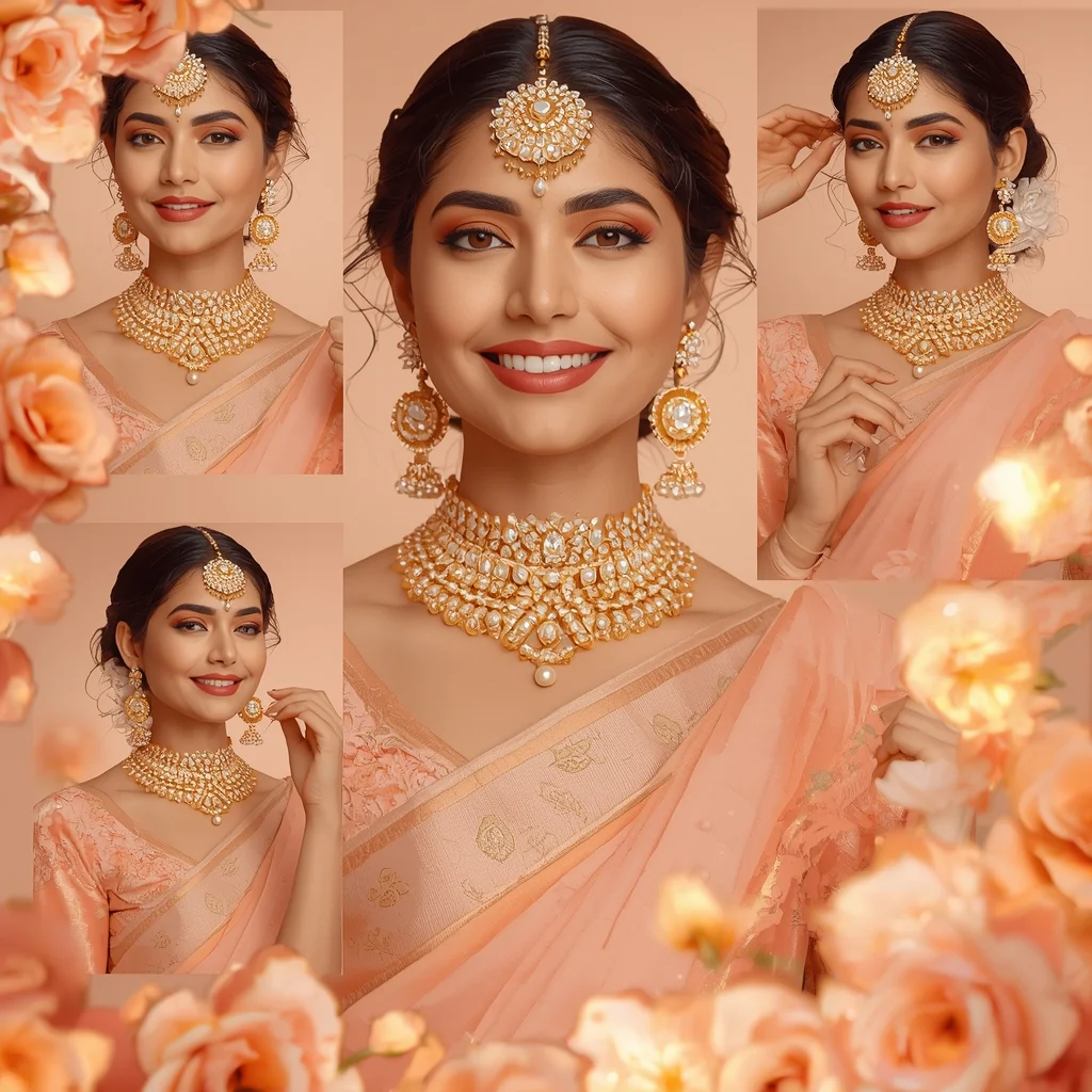 Royal Apricot Bloom Pastel Saree Indian Woman Premium Collage | Instagram Prompt For Traditional Look For Girl