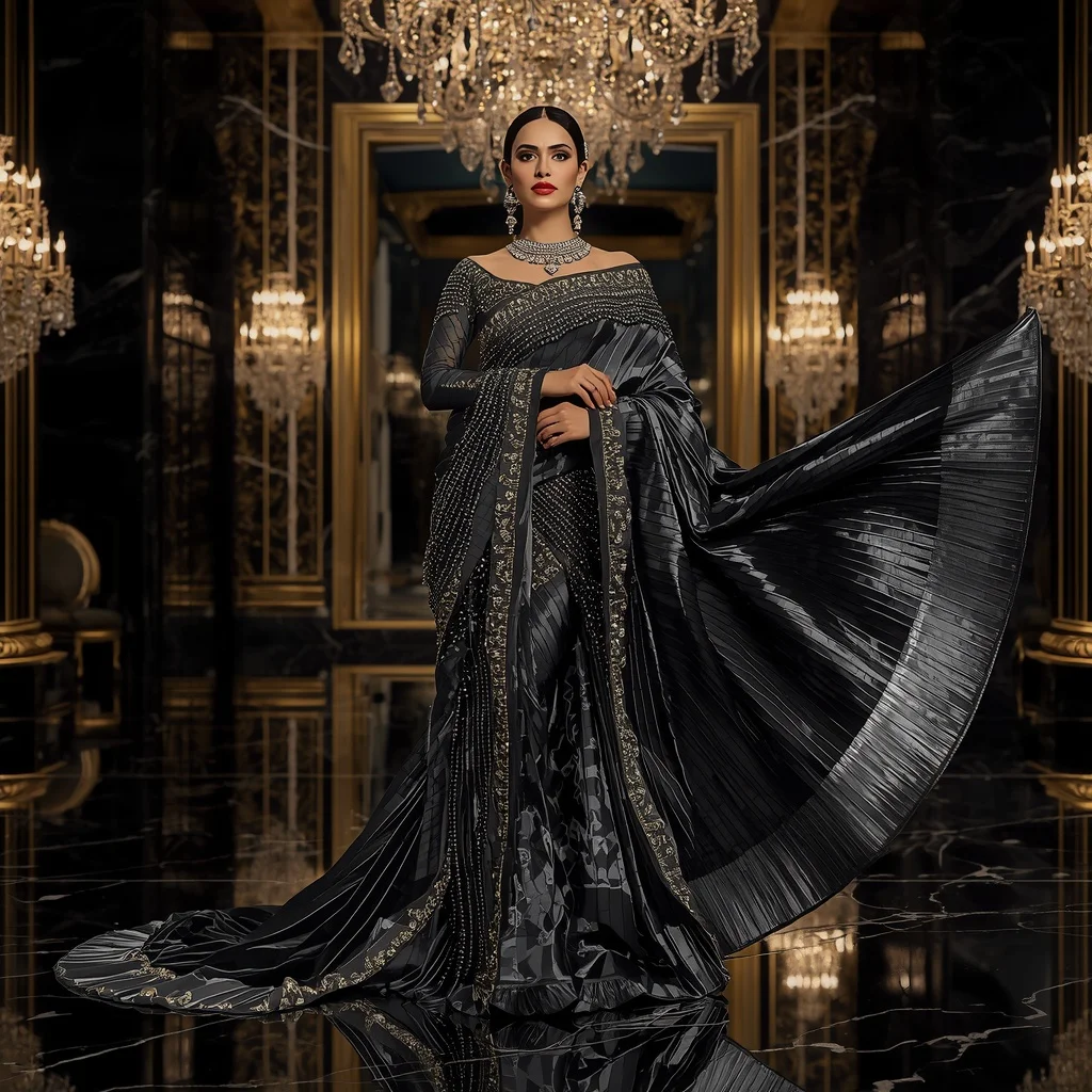 Royal Black Diamond Saree with Grand Onyx Palace Ballroom | Prompt Image