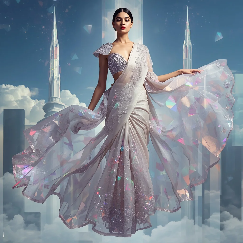 Royal Celestial Omni Prism Saree – Ultra Premium Festival Saree with Omni Float Pose and Prism Omni Sky Citadel Background | Trending Prompt In Instagram Ai Photo Girls