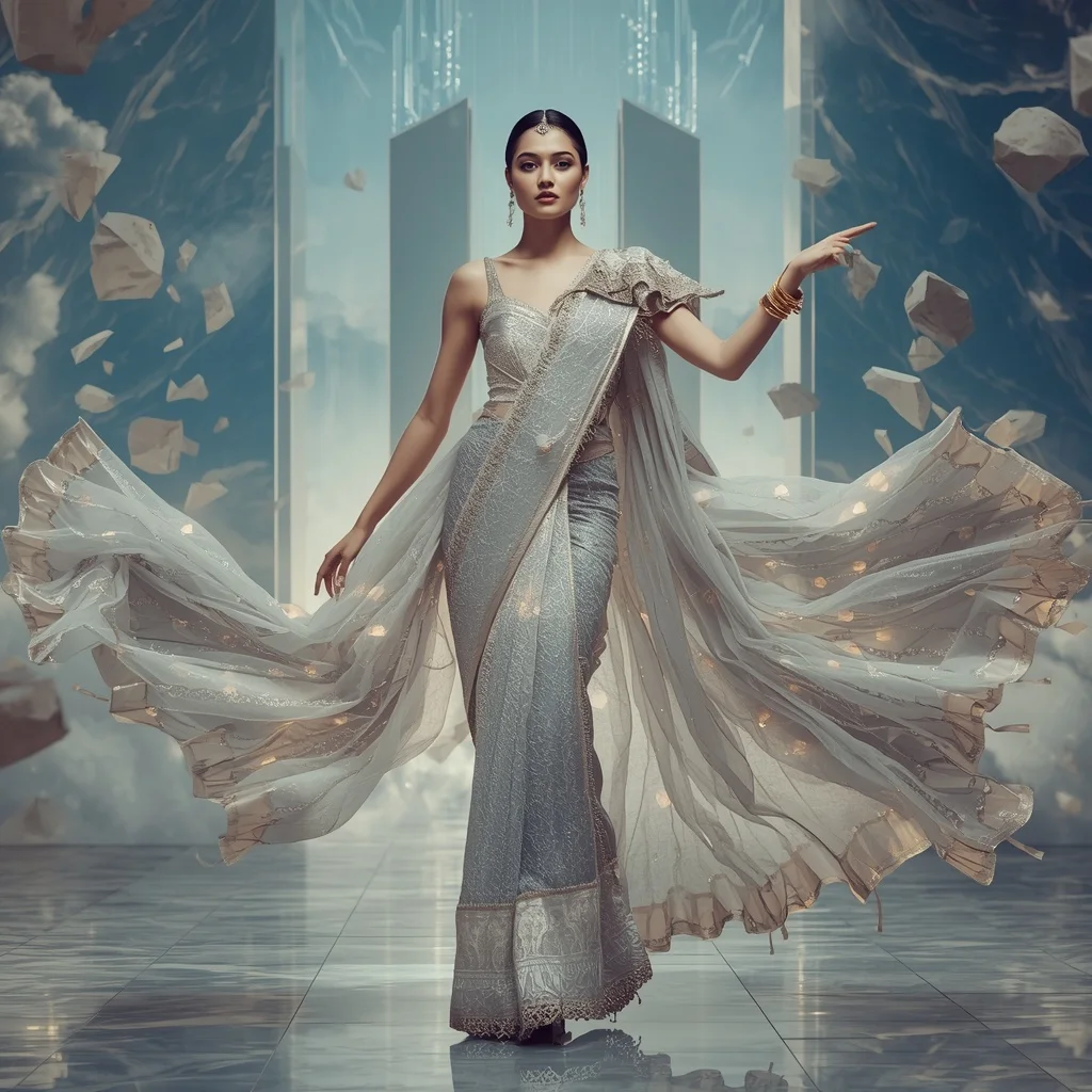 Royal Celestial Zenith Matrix Saree – Ultra Premium Festival Saree with Zenith Matrix Float Pose and Crystal Matrix Sky Palace Background | Instagram Post Ai Prompt