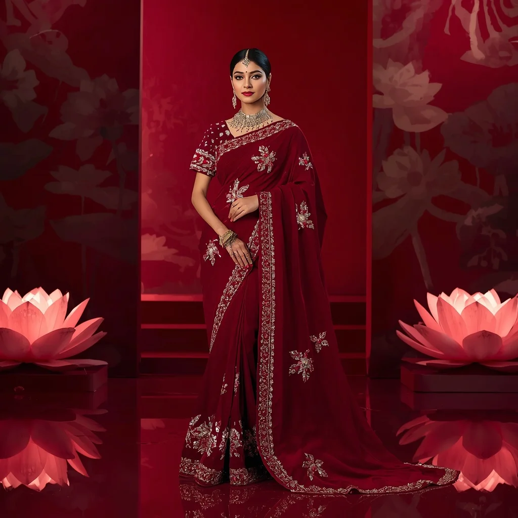 Royal Crimson Crystal Lotus Saree Fashion with Ruby Palace Garden Background | Gemini Ai Photo
